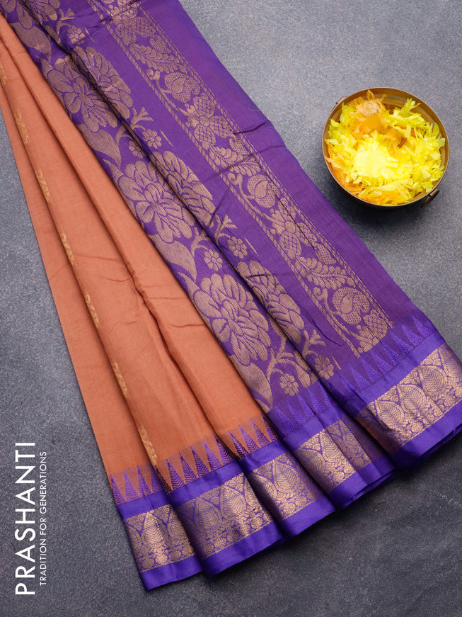 Gadwal cotton saree rust shade and blue with zari woven buttas and temple design zari woven border