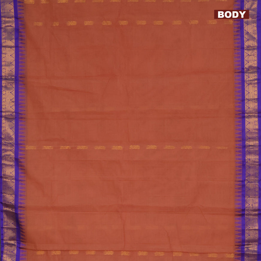 Gadwal cotton saree rust shade and blue with zari woven buttas and temple design zari woven border