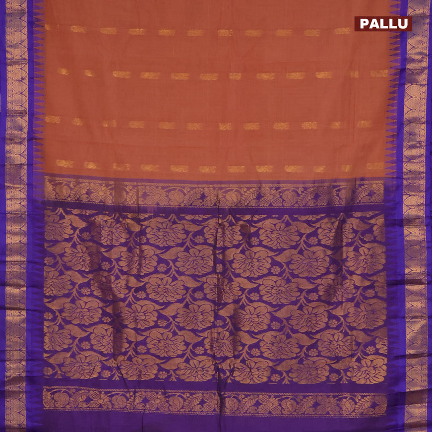 Gadwal cotton saree rust shade and blue with zari woven buttas and temple design zari woven border