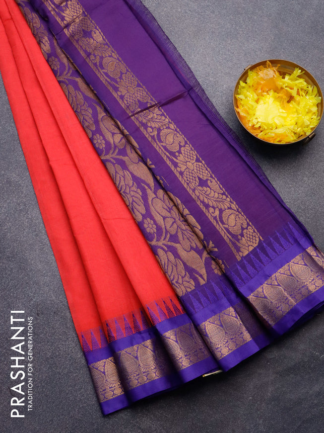 Gadwal cotton saree pink and blue with zari woven buttas and temple design zari woven border