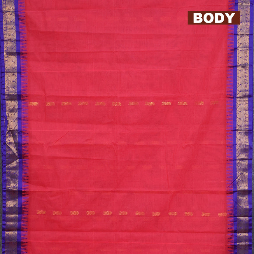 Gadwal cotton saree pink and blue with zari woven buttas and temple design zari woven border