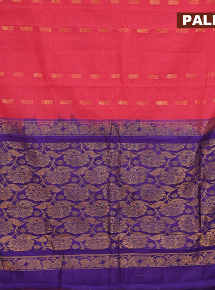 Gadwal cotton saree pink and blue with zari woven buttas and temple design zari woven border