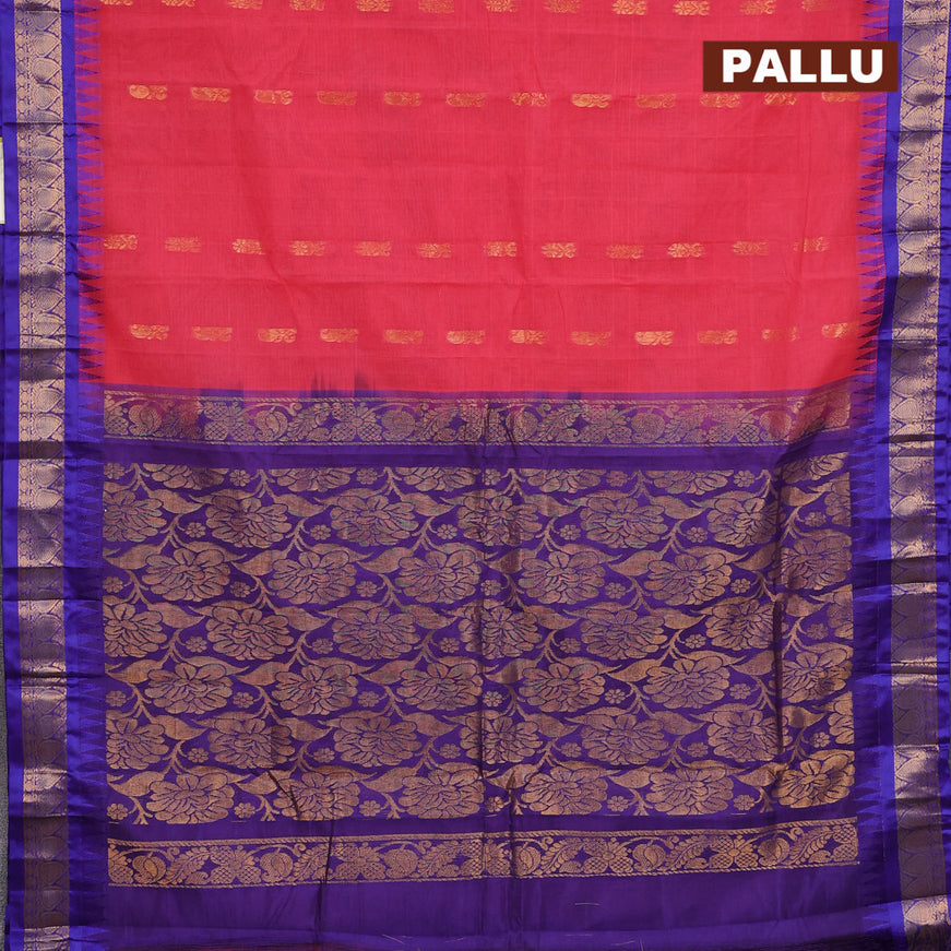 Gadwal cotton saree pink and blue with zari woven buttas and temple design zari woven border