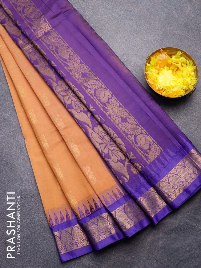 Gadwal cotton saree rust shade and blue with zari woven buttas and temple design zari woven border