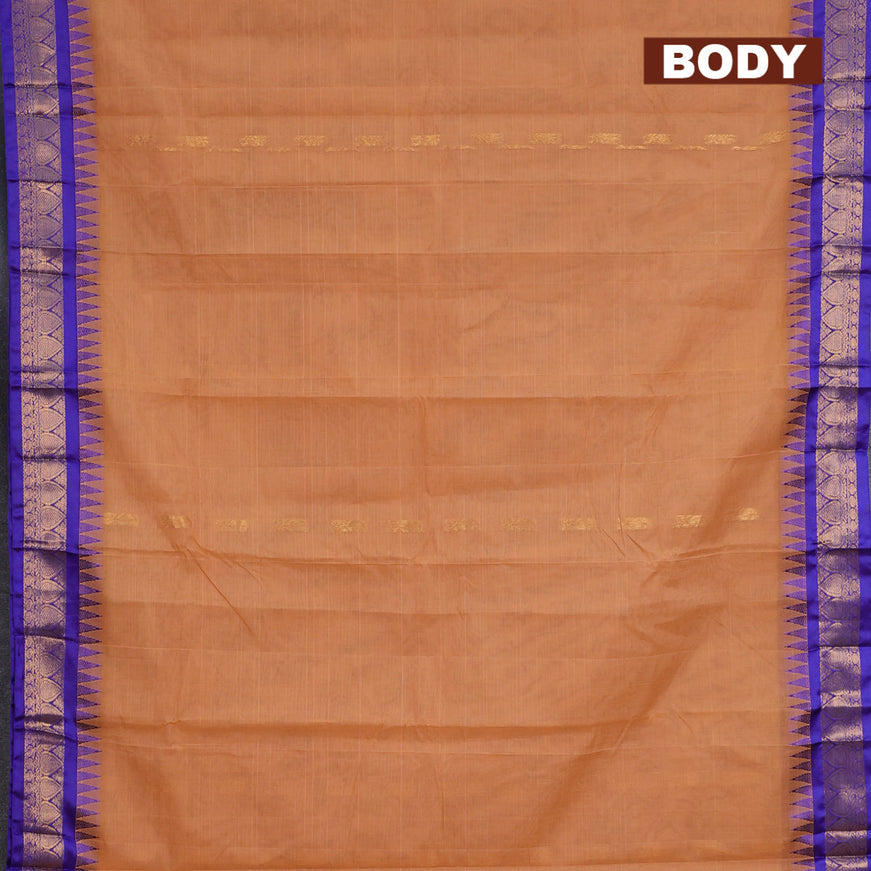 Gadwal cotton saree rust shade and blue with zari woven buttas and temple design zari woven border