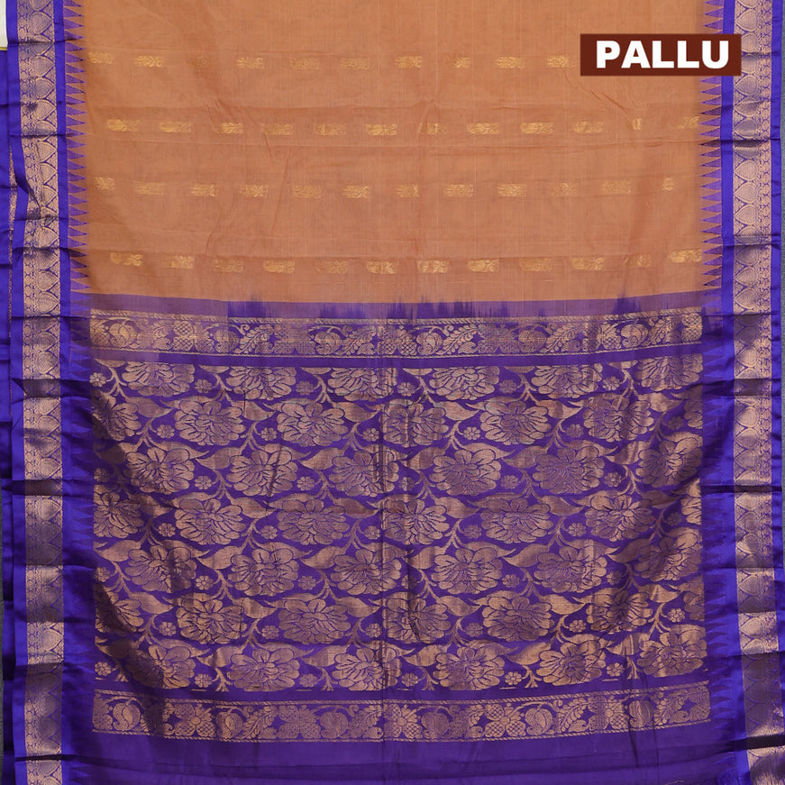 Gadwal cotton saree rust shade and blue with zari woven buttas and temple design zari woven border