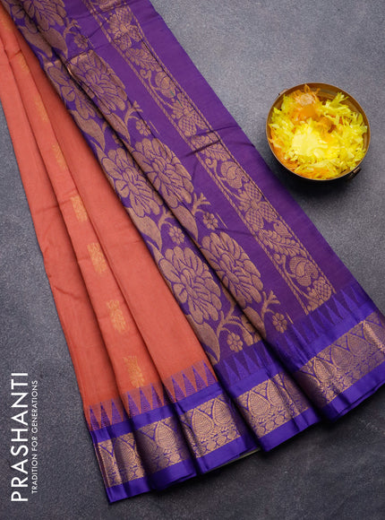 Gadwal cotton saree peach pink shade and blue with zari woven buttas and temple design zari woven border