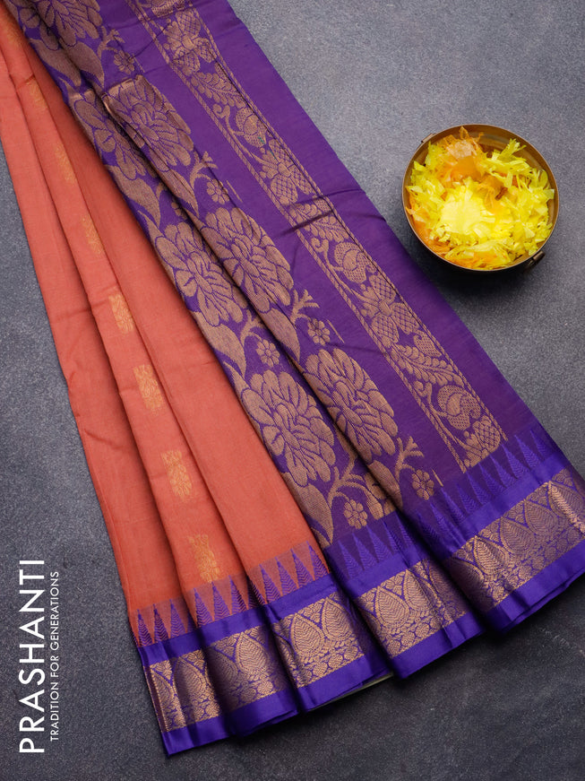 Gadwal cotton saree peach pink shade and blue with zari woven buttas and temple design zari woven border