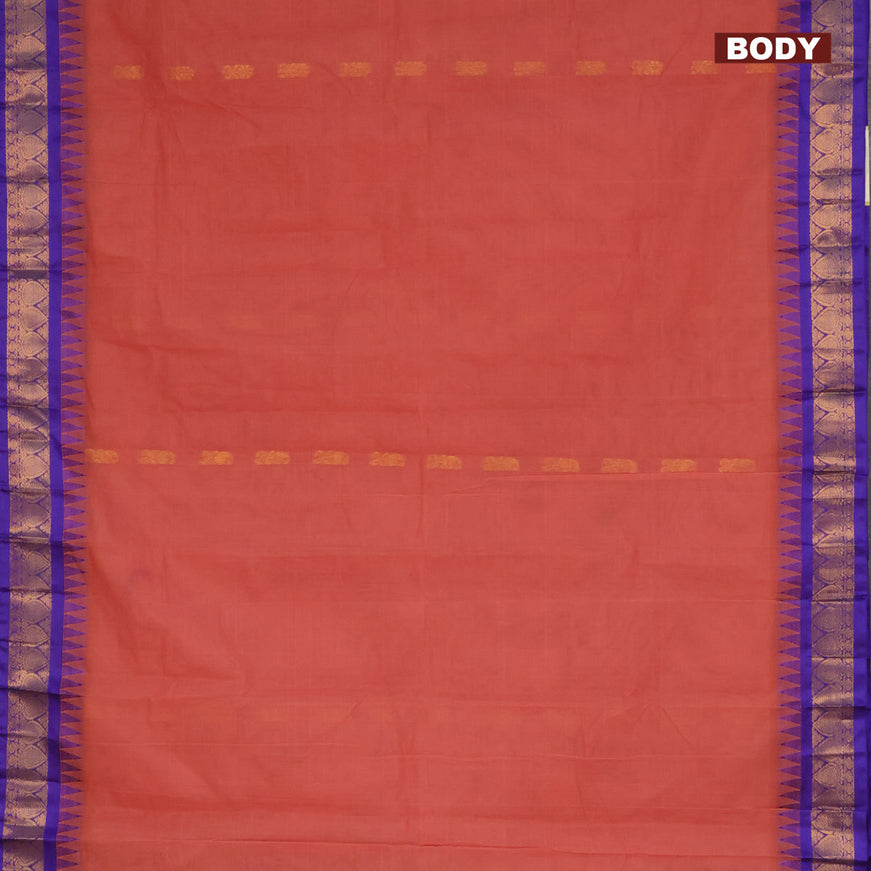 Gadwal cotton saree peach pink shade and blue with zari woven buttas and temple design zari woven border