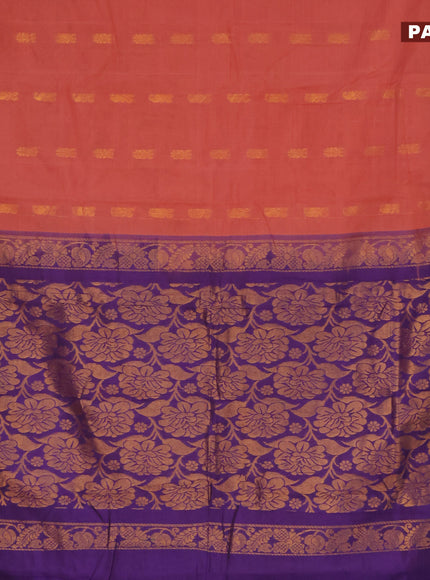 Gadwal cotton saree peach pink shade and blue with zari woven buttas and temple design zari woven border