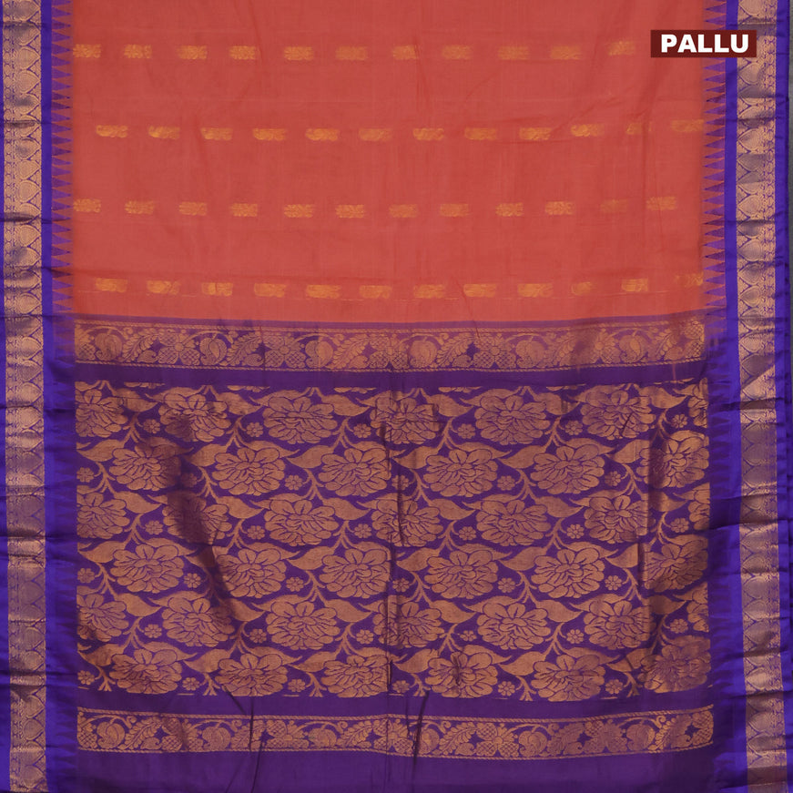 Gadwal cotton saree peach pink shade and blue with zari woven buttas and temple design zari woven border