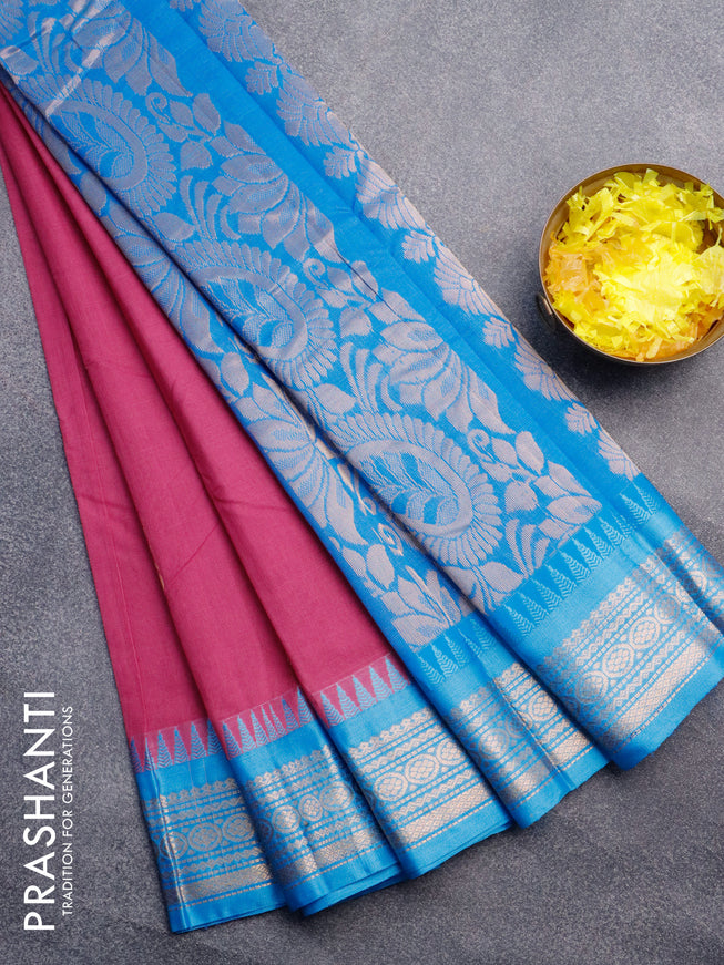 Gadwal cotton saree pink and light blue with zari woven buttas and temple design zari woven border