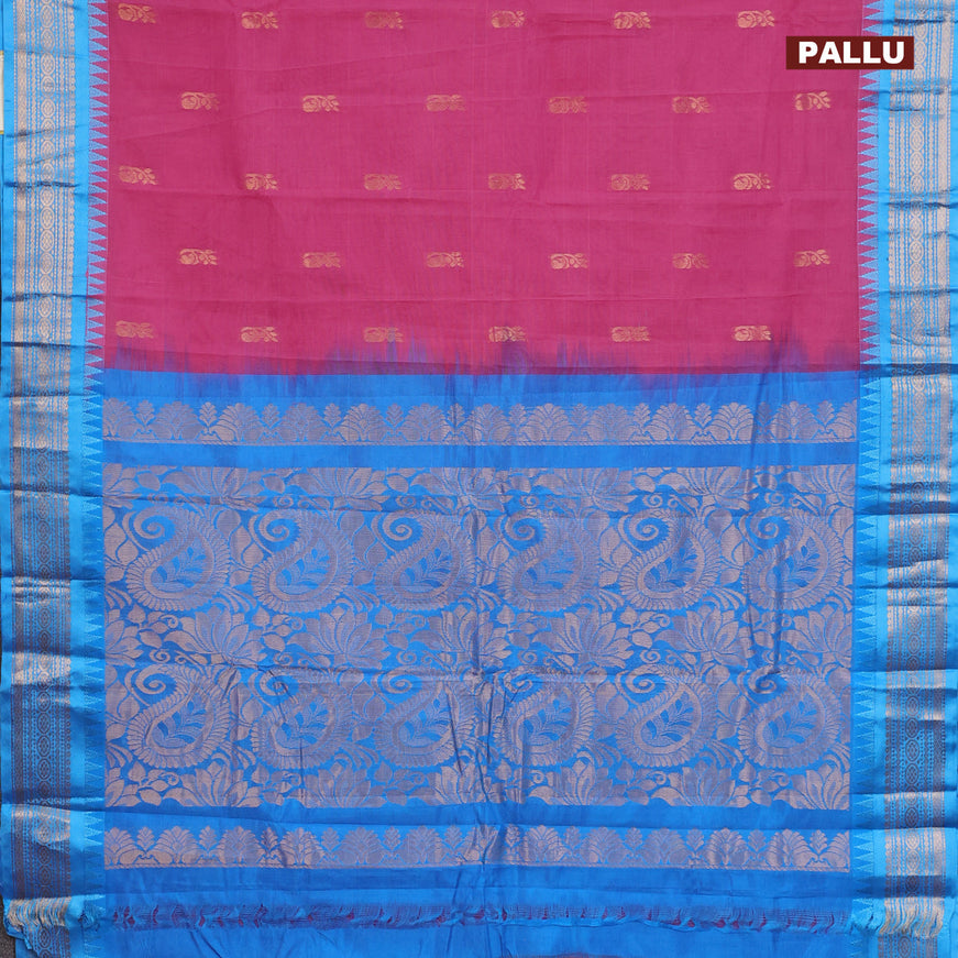 Gadwal cotton saree pink and light blue with zari woven buttas and temple design zari woven border