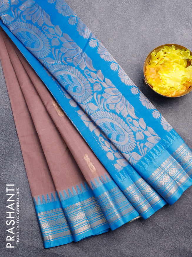 Gadwal cotton saree pastel brown and light blue with zari woven buttas and temple design zari woven border