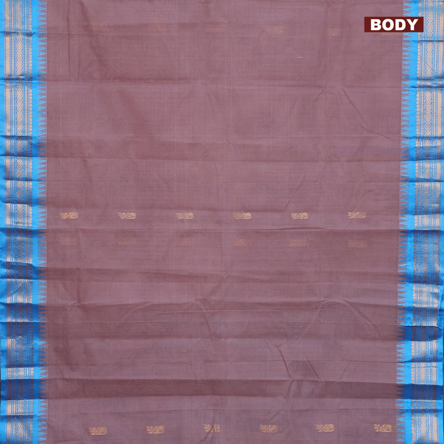 Gadwal cotton saree pastel brown and light blue with zari woven buttas and temple design zari woven border