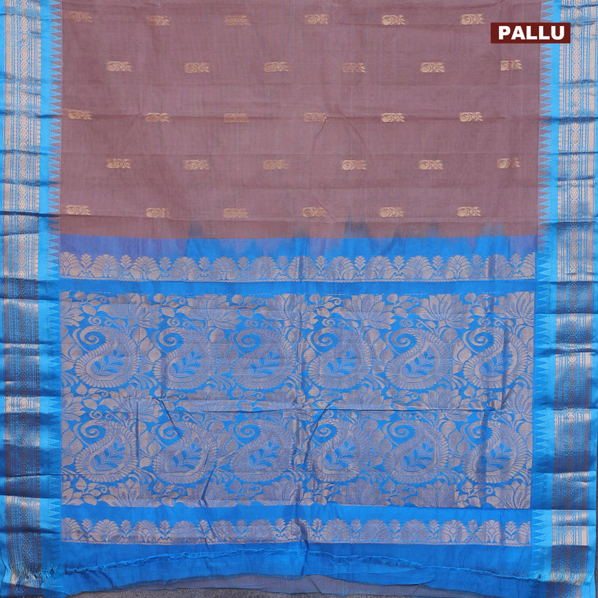 Gadwal cotton saree pastel brown and light blue with zari woven buttas and temple design zari woven border