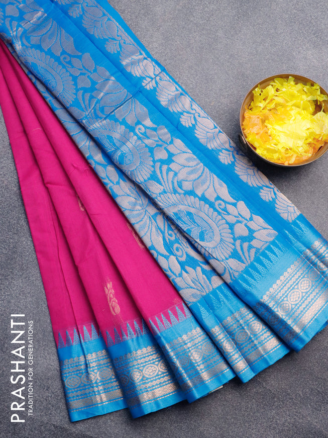 Gadwal cotton saree magenta pink and light blue with zari woven buttas and temple design zari woven border