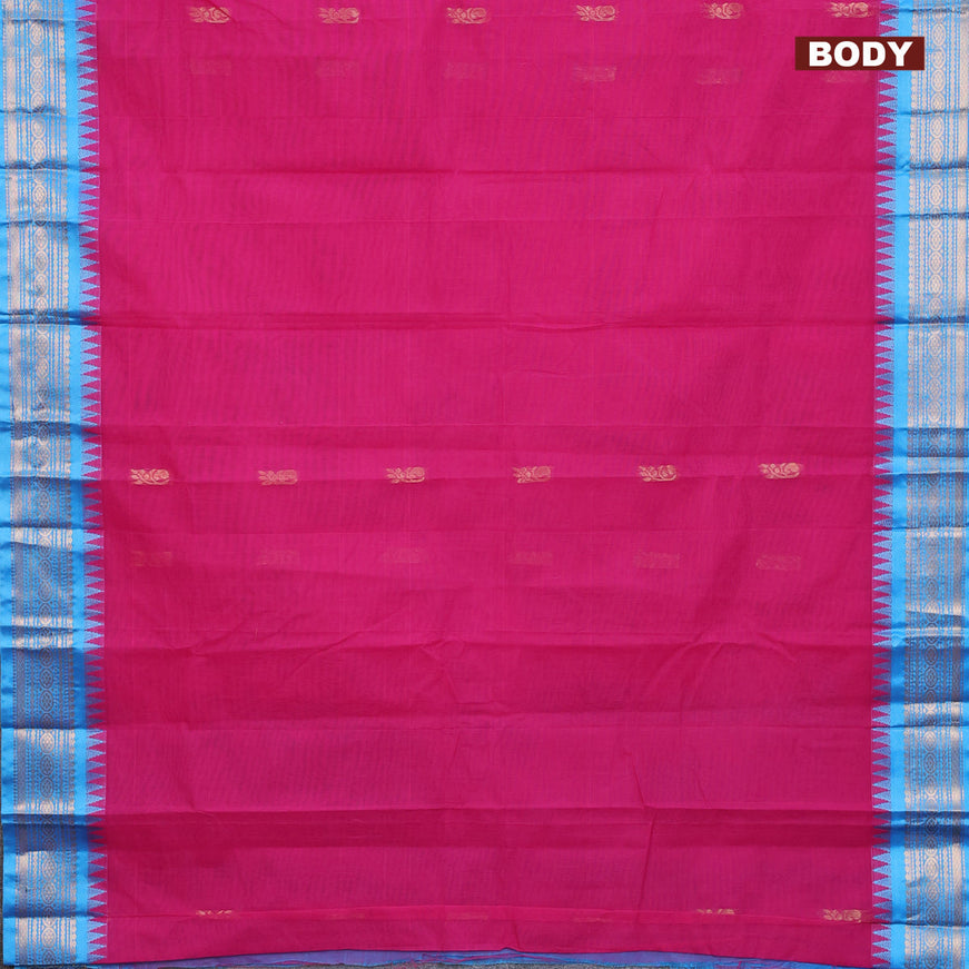 Gadwal cotton saree magenta pink and light blue with zari woven buttas and temple design zari woven border