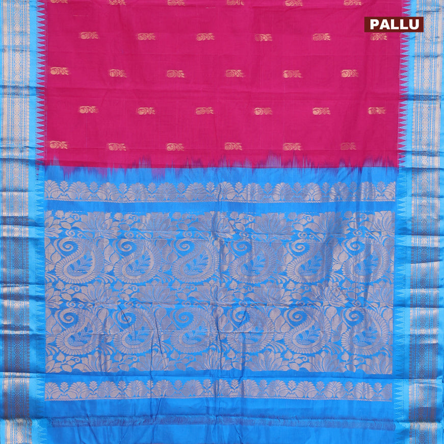 Gadwal cotton saree magenta pink and light blue with zari woven buttas and temple design zari woven border