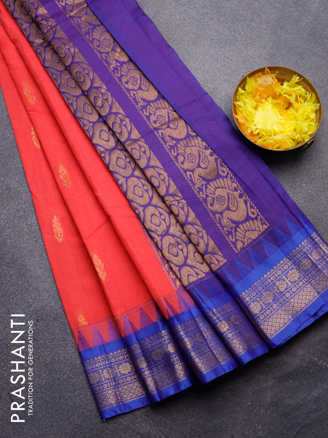 Gadwal cotton saree pink and blue with zari woven buttas and temple design zari woven border