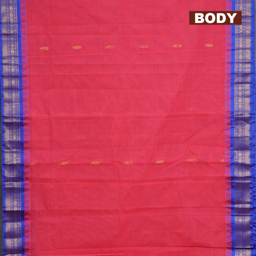 Gadwal cotton saree pink and blue with zari woven buttas and temple design zari woven border