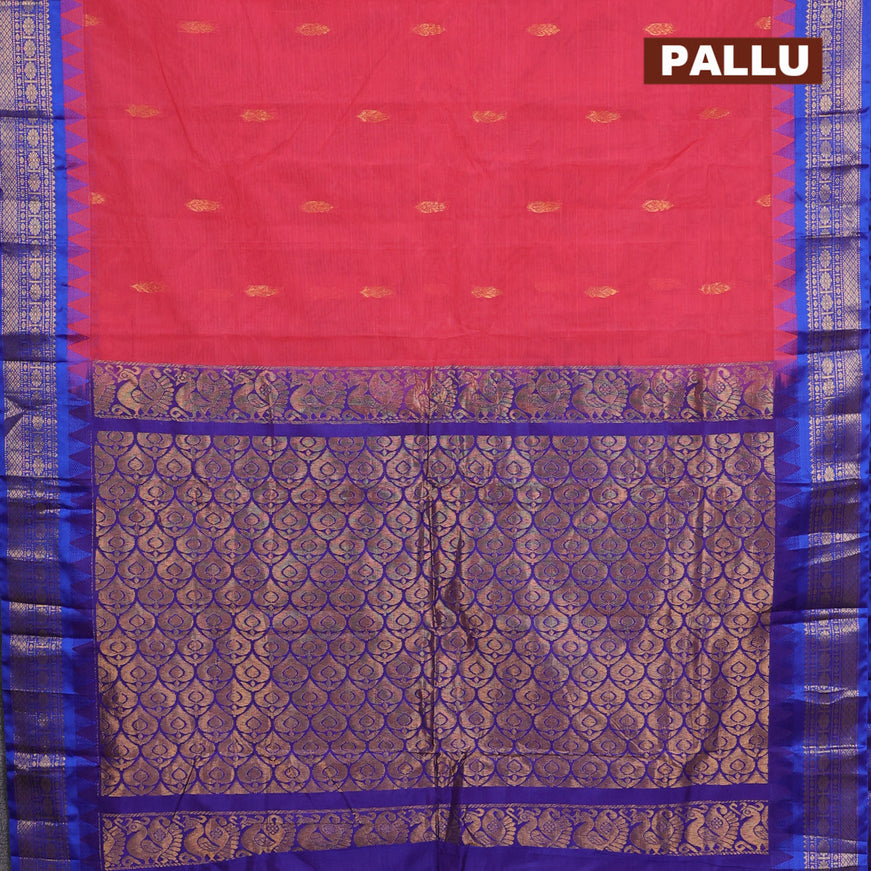 Gadwal cotton saree pink and blue with zari woven buttas and temple design zari woven border