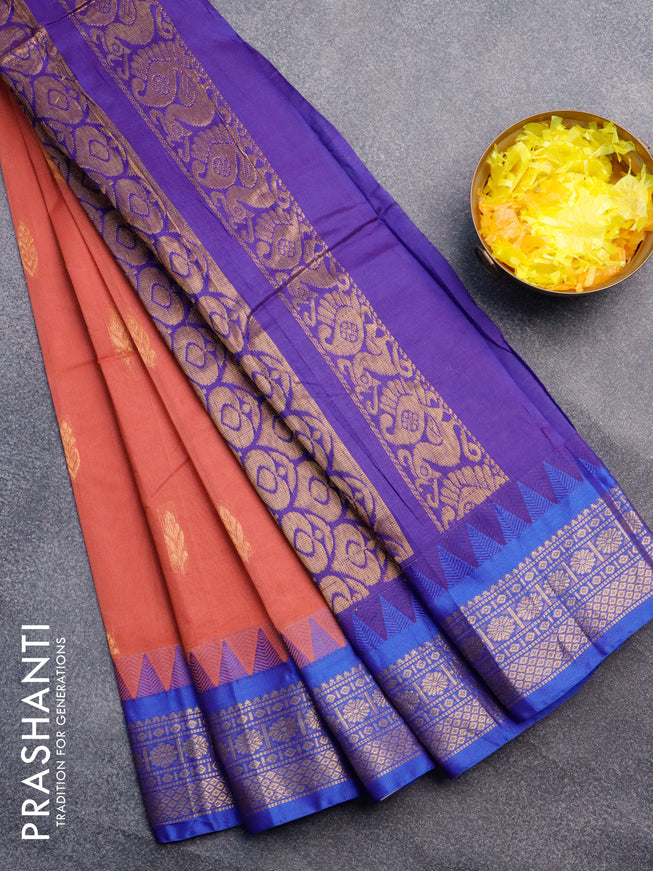 Gadwal cotton saree maroon shade and blue with zari woven buttas and temple design zari woven border