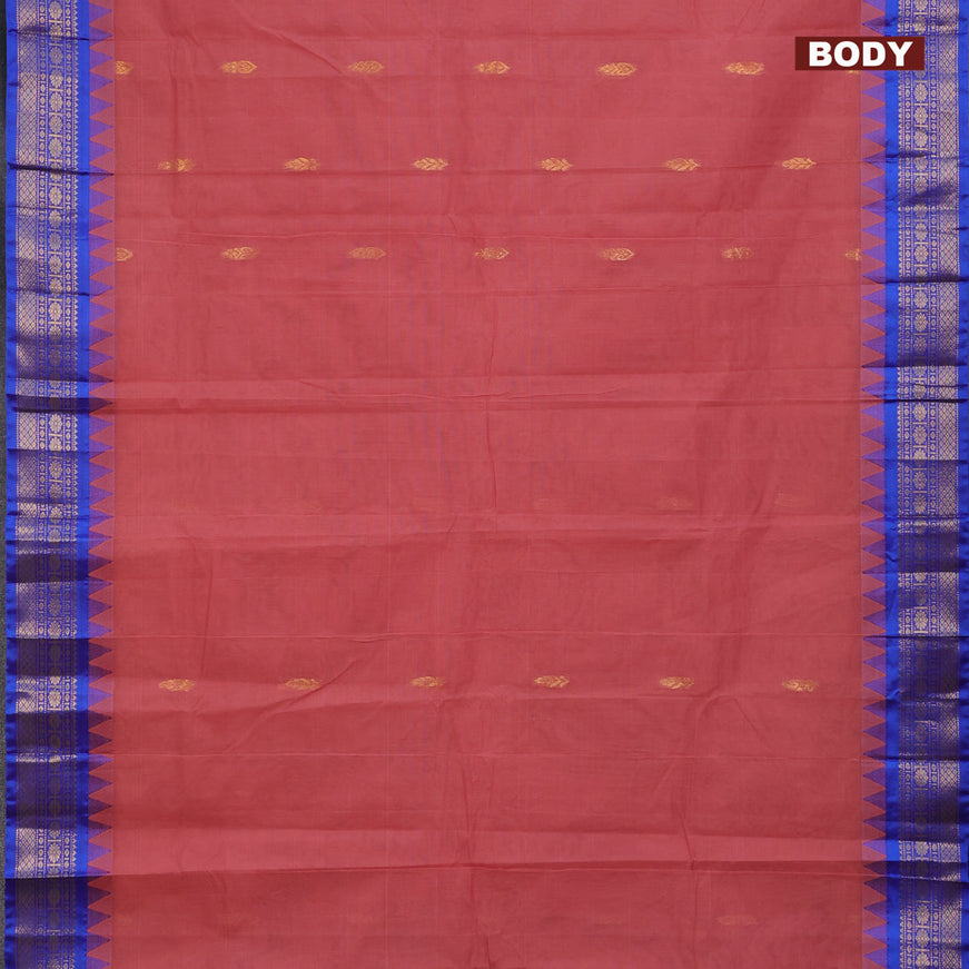 Gadwal cotton saree maroon shade and blue with zari woven buttas and temple design zari woven border