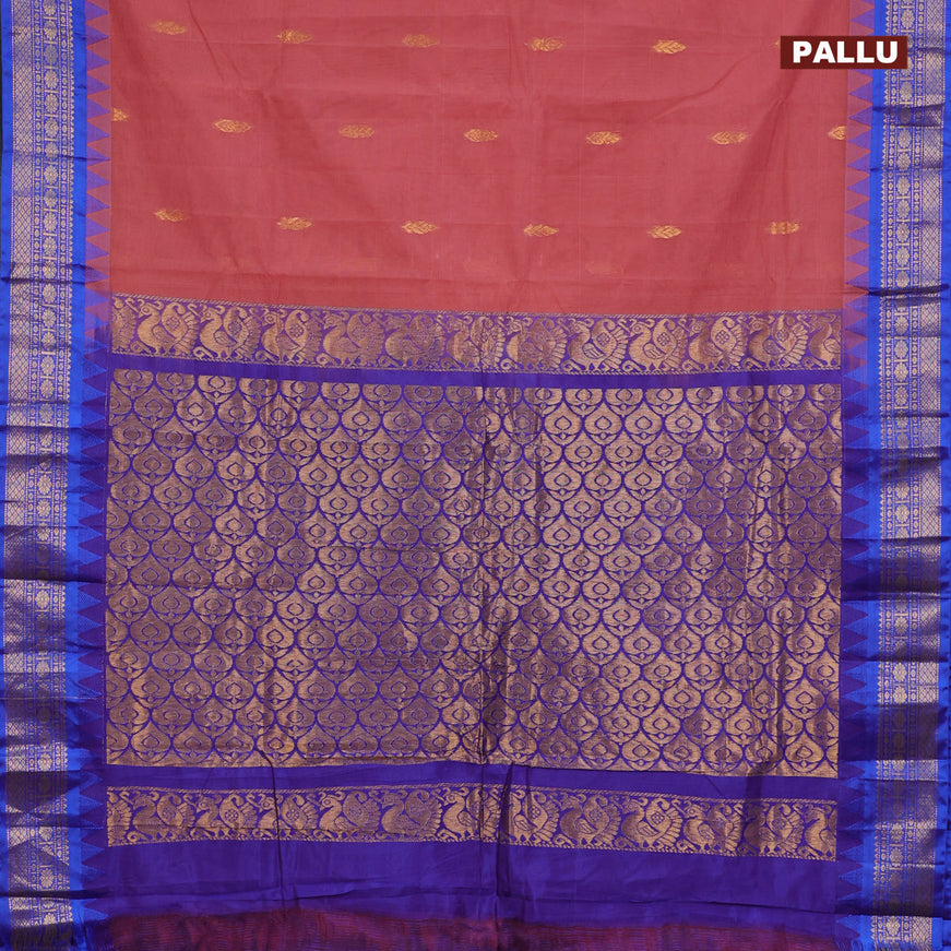 Gadwal cotton saree maroon shade and blue with zari woven buttas and temple design zari woven border