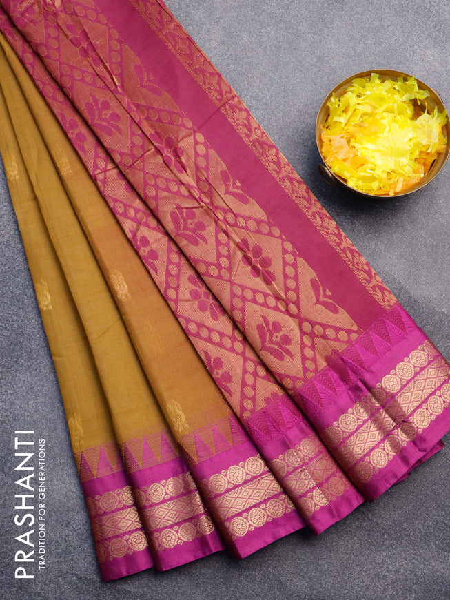 Gadwal cotton saree dark sandal and purple with zari woven buttas and temple design zari woven border