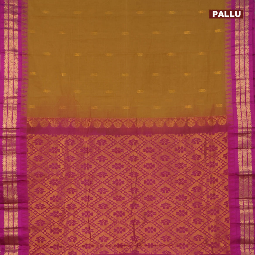 Gadwal cotton saree dark sandal and purple with zari woven buttas and temple design zari woven border