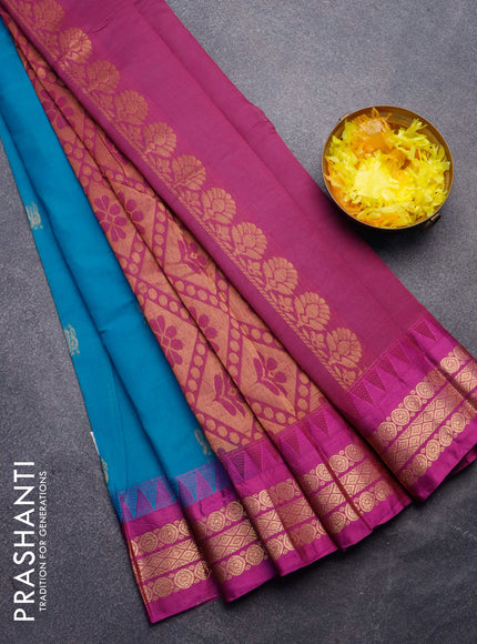 Gadwal cotton saree teal blue and purple with zari woven buttas and zari woven border