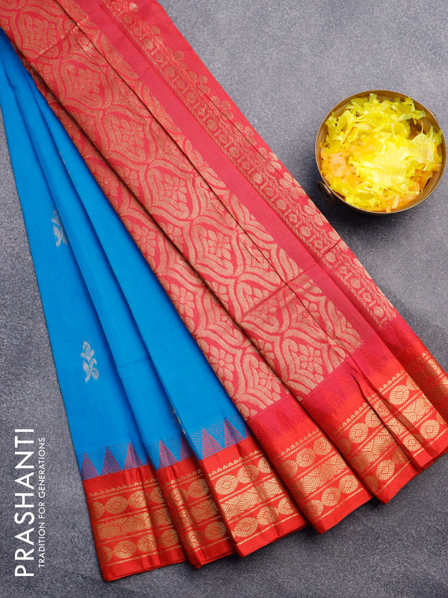 Gadwal cotton saree blue and red with zari woven buttas and zari woven border