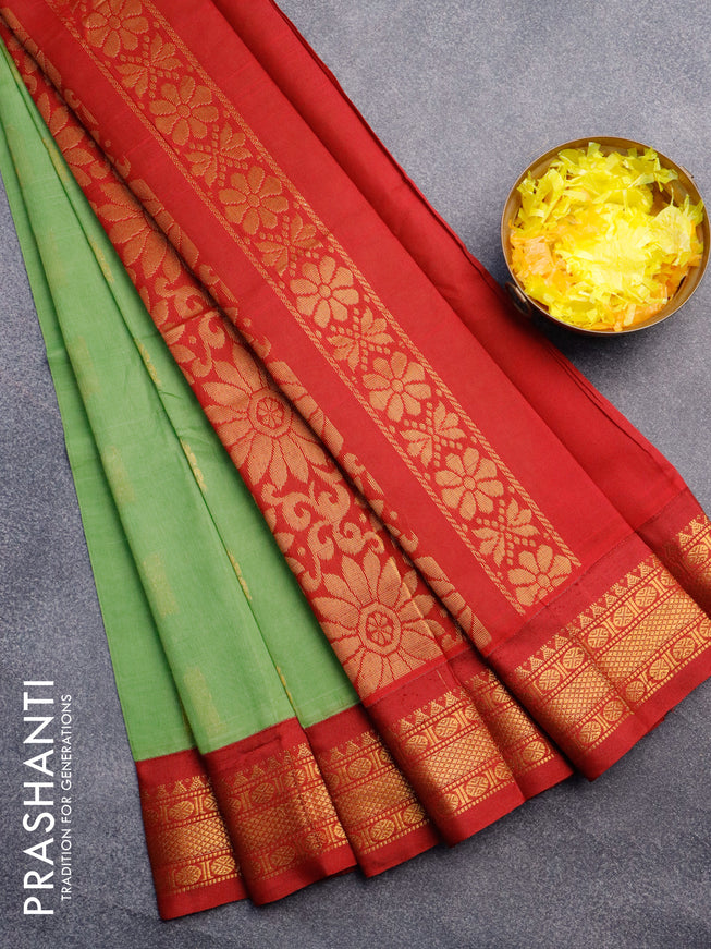 Gadwal cotton saree green and maroon with zari woven buttas and temple design zari woven border