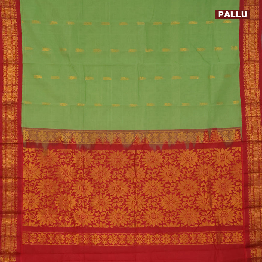 Gadwal cotton saree green and maroon with zari woven buttas and temple design zari woven border