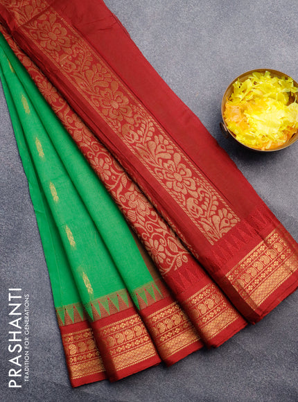 Gadwal cotton saree green and maroon with zari woven buttas and temple design zari woven border