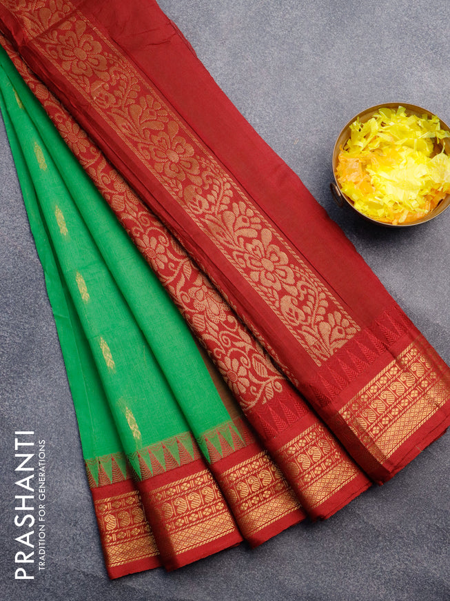 Gadwal cotton saree green and maroon with zari woven buttas and temple design zari woven border