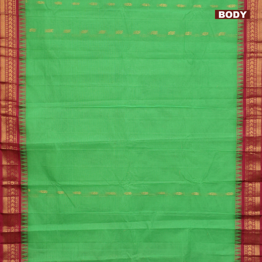 Gadwal cotton saree green and maroon with zari woven buttas and temple design zari woven border