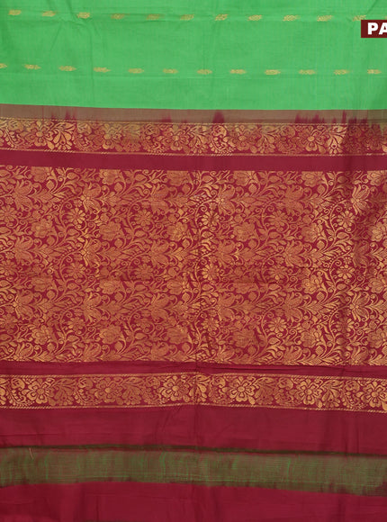 Gadwal cotton saree green and maroon with zari woven buttas and temple design zari woven border