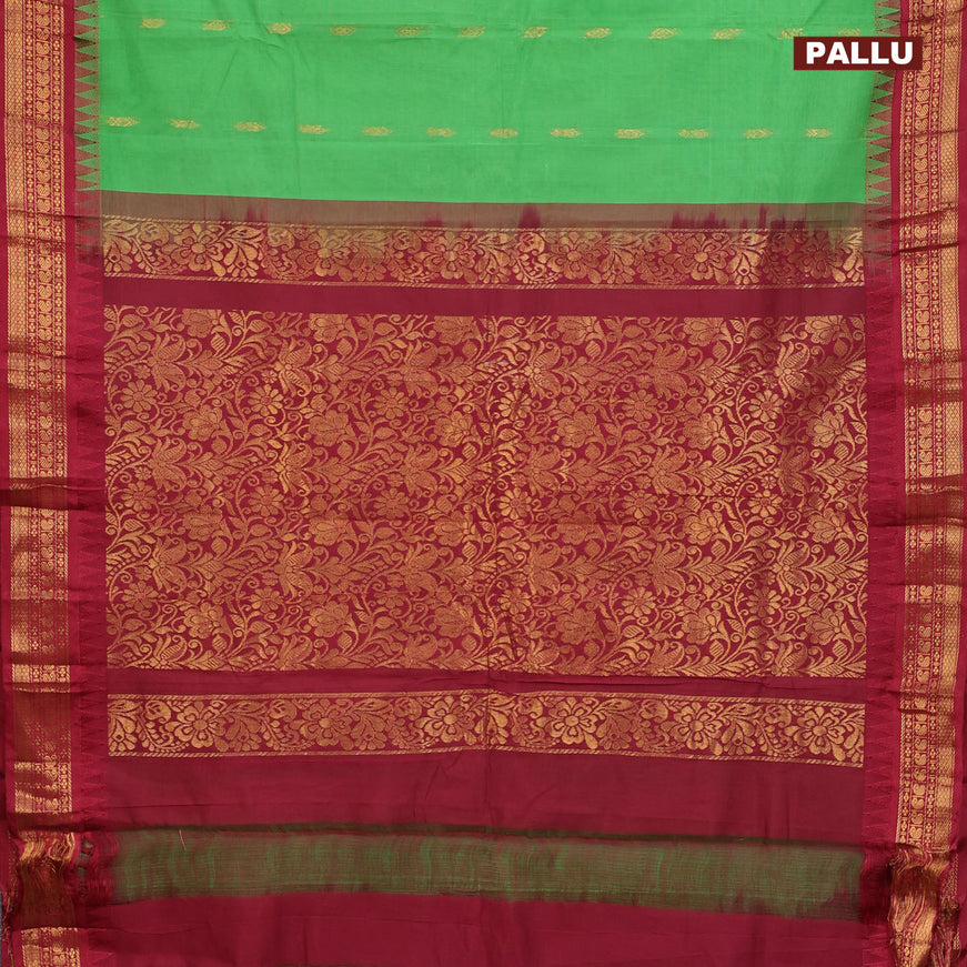 Gadwal cotton saree green and maroon with zari woven buttas and temple design zari woven border