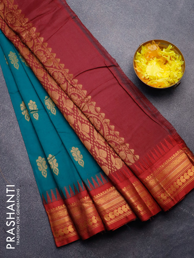 Gadwal cotton saree peacock green and maroon with zari woven buttas and temple design zari woven border