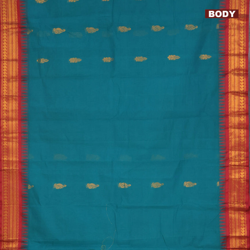 Gadwal cotton saree peacock green and maroon with zari woven buttas and temple design zari woven border