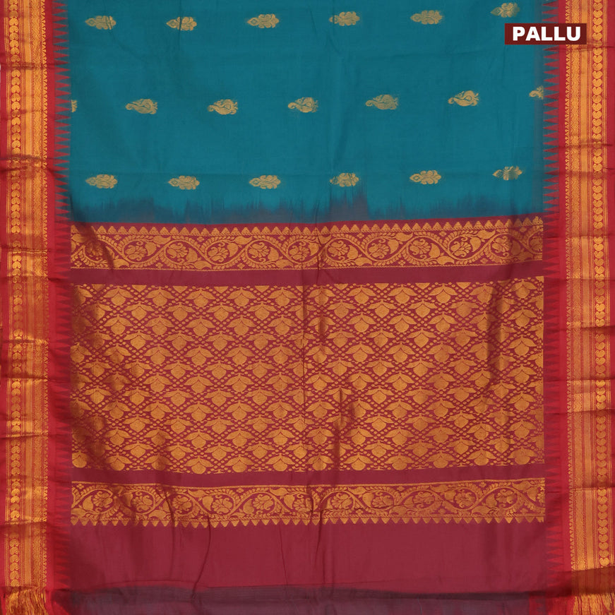 Gadwal cotton saree peacock green and maroon with zari woven buttas and temple design zari woven border