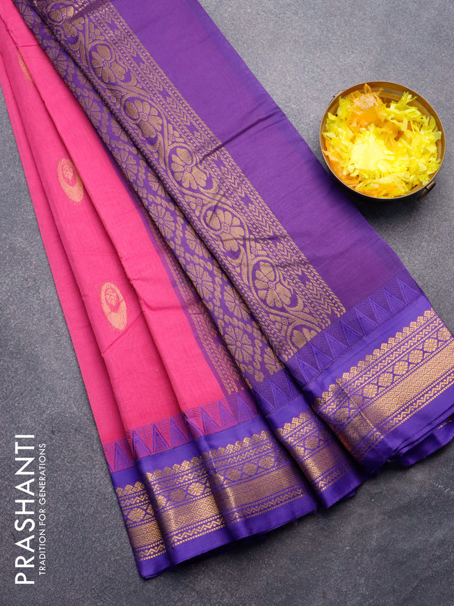 Gadwal cotton saree pink and blue with zari woven buttas and temple design zari woven border