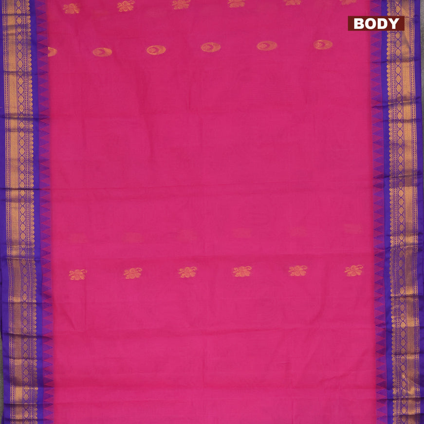 Gadwal cotton saree pink and blue with zari woven buttas and temple design zari woven border