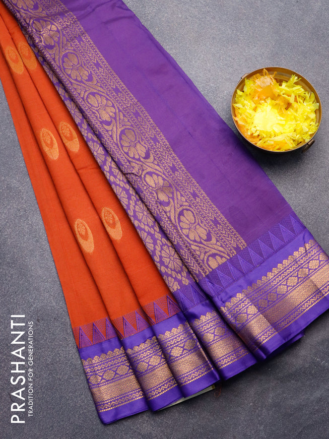 Gadwal cotton saree rustic orange and blue with zari woven buttas and temple design zari woven border