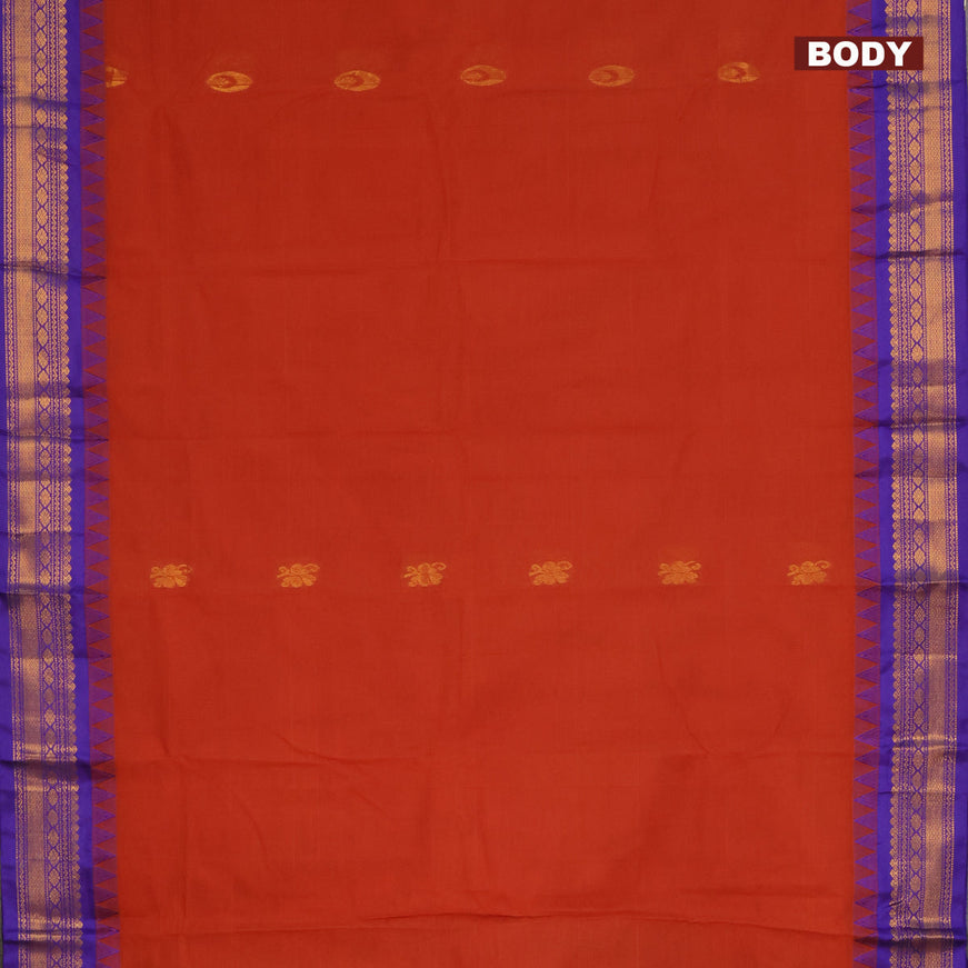 Gadwal cotton saree rustic orange and blue with zari woven buttas and temple design zari woven border