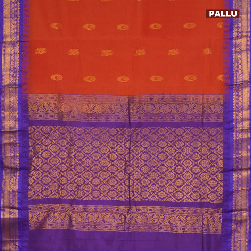 Gadwal cotton saree rustic orange and blue with zari woven buttas and temple design zari woven border