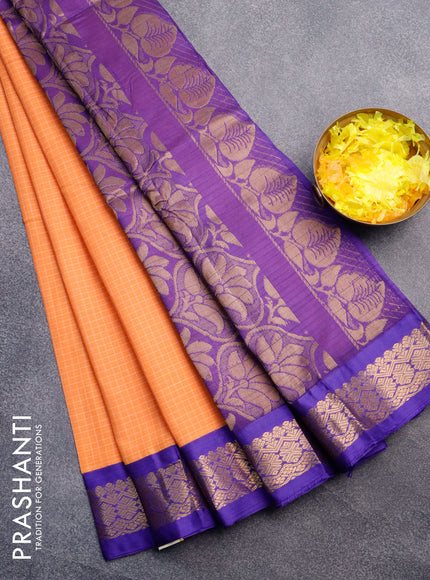 Gadwal cotton saree pale orange and blue with allover checked pattern and zari woven border