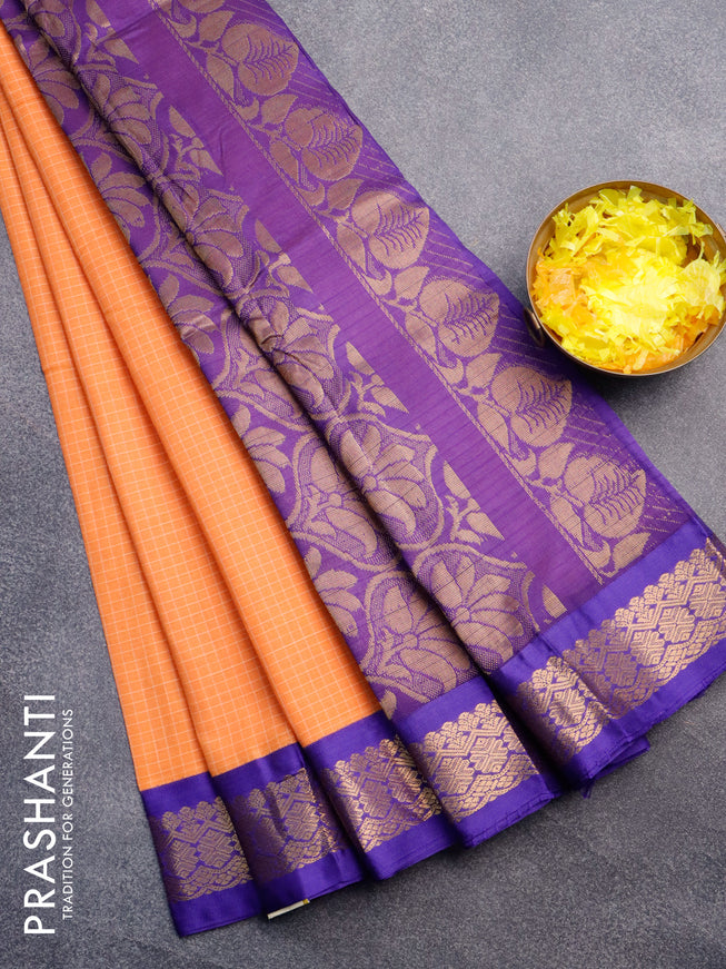 Gadwal cotton saree pale orange and blue with allover checked pattern and zari woven border